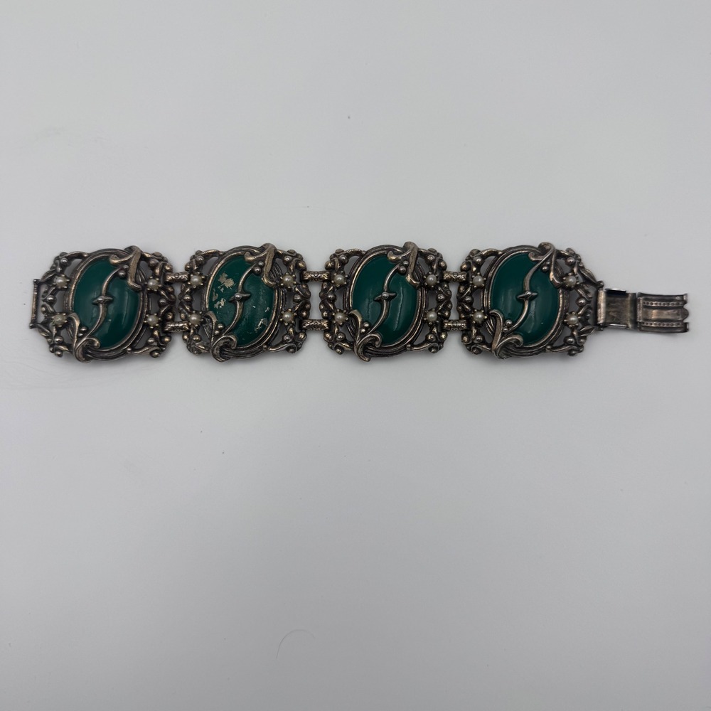 Vintage Gothic Panel Link Bracelet Green Cabochon Faux Pearl Silver Tone Ornate